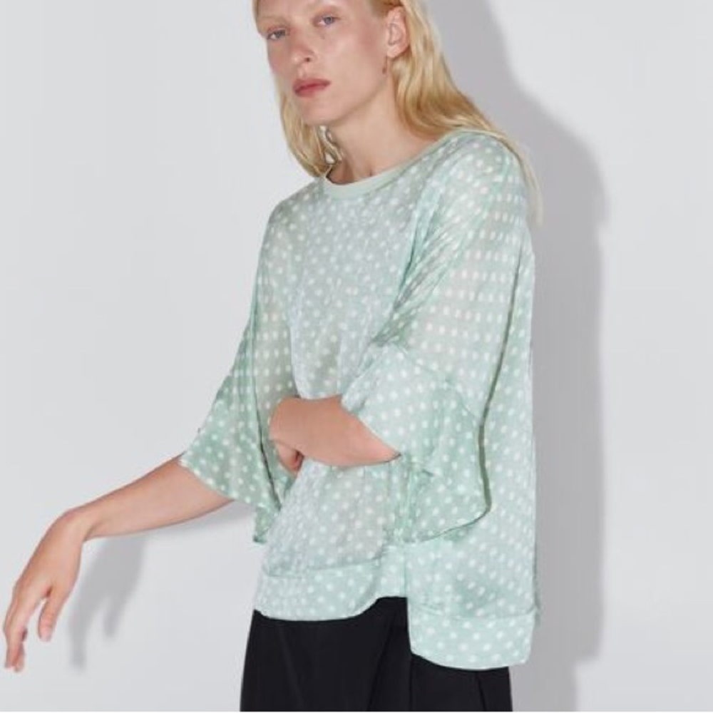 Zara Polka Dot Oversized Green Jaquard Top Large